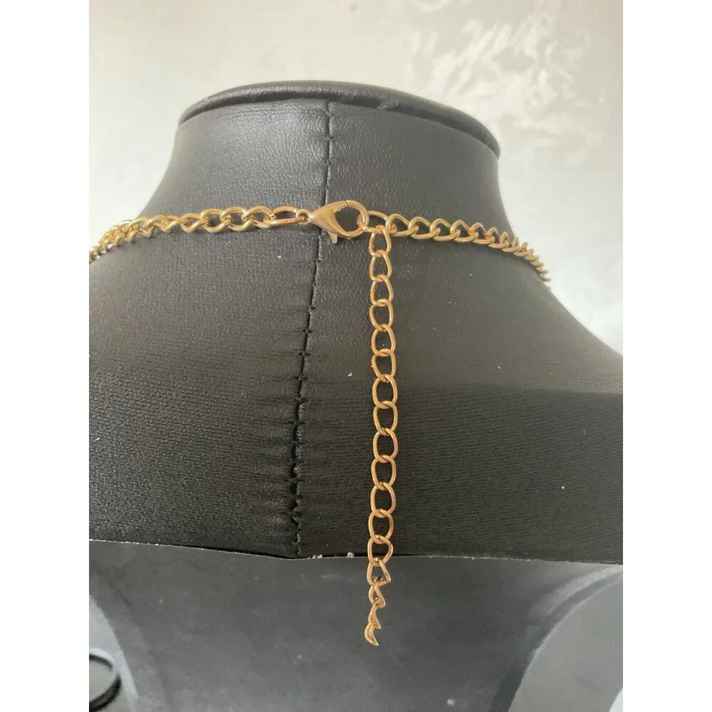 Gold Tone Circle Necklace Rhinestones Adjustable Chain Statement Jewelry - Picture 3 of 5